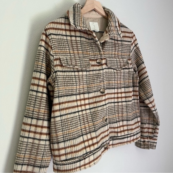 Joie Wool Women’s Button Front Pockets Plaid Jacket Shacket Tan Brown Size Small - Picture 5 of 9